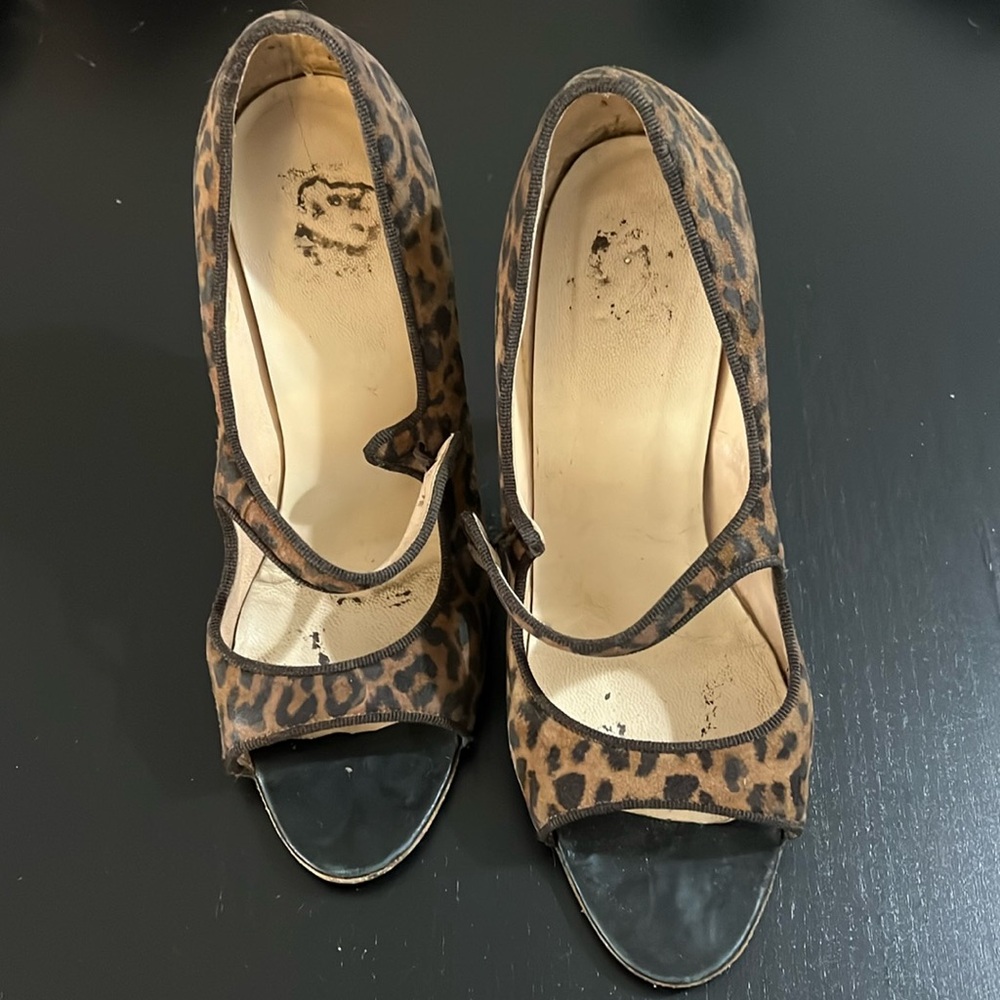 Manolo Blahnik Leopard Print Pony Hair Peep Toe Pumps